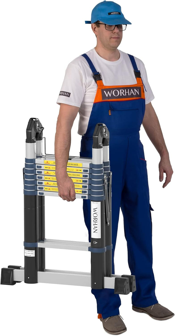 WORHAN® 5m TELESKOPLEITER 2 in 1 ANLEGELEITER KLAPPLEITER ALU TELESKOP LEITER MULTIFUNKTTIONS LEITER