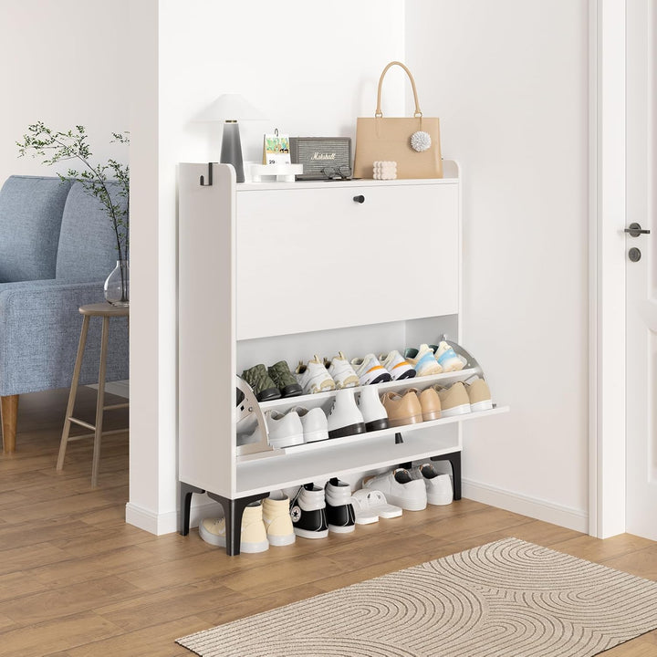 Dripex Schuhschrank schmal, Schuhkipper mit 2 Flip-Schubladen,Schuhregal schmal mit Metallfüssen für