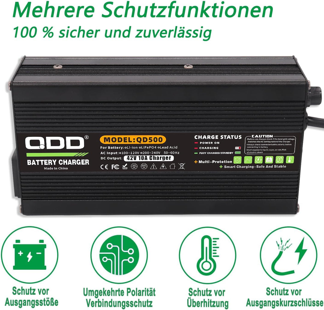 QDD 42 V 10 A Lithium-Batterieladegerät für 36 V 37 V 10 S Li-Ionen-Lipo-Akkupack-Kühlung mit XT60-S