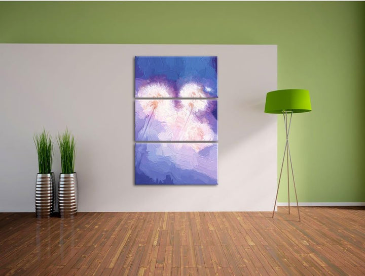 Pixxprint Pusteblumen im morgendlichen Wind Kunst Pinsel Effekt 3-Teiler Leinwandbild 120x80 Bild au