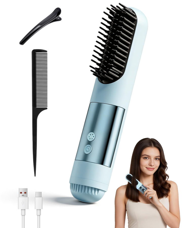Kabellose Glättbürste für kurze Haare, Elektrische Haarglätter Bürste mit 3 Temperaturstufen 160-200