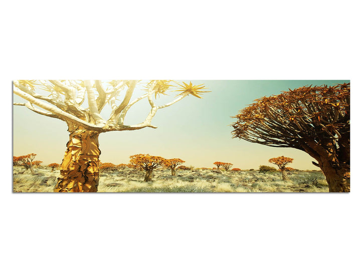 Paul Sinus Art Panoramabild auf Leinwand und Keilrahmen 150x50cm Afrika Wiese Bäume Sonnenstrahlen W