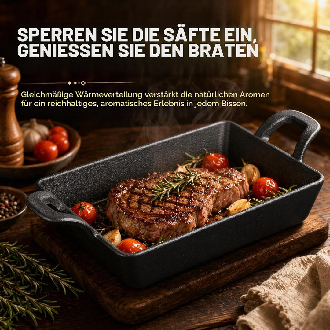 RANJIMA Grillpfanne Gusseisen, 24x17 cm Grillplatte mit Zwei Griffen, Cast Iron Pan Gusspfanne Steak