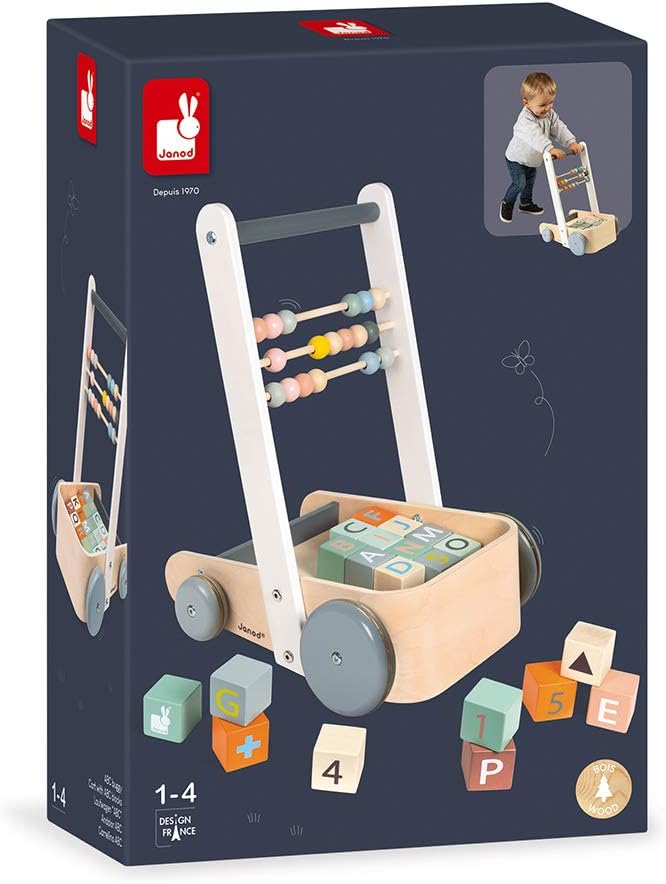 Janod - Sweet Cocoon ABC Buggy - Baby Lauflernwagen aus Holz mit 20 Alphabet Bausteinen mit Zahlen +