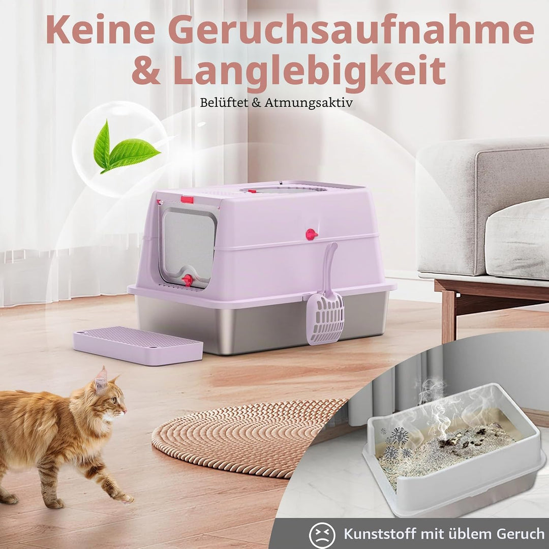 XXL Katzentoilette Edelstahl (V2A) - 3-in-1 Geschlossenes Katzenklo mit 160° Klappdeckel & Geruchsfi