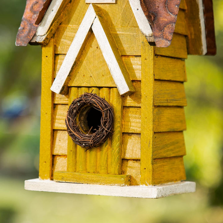 Glitzhome GH90085 Hängendes Vogelhaus aus Holz im Used-Look, Gelb, gelb