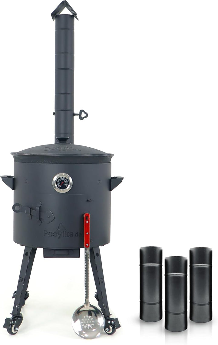 Feuerofen Utschak Ø 40 cm mit Gusseisen Kazan 12L | Uchag mit Rohrverlängerung & Schaumlöffel 48 cm