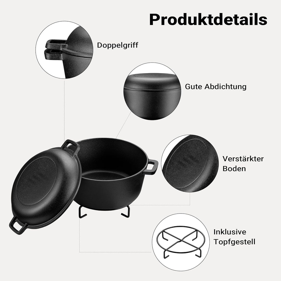 Wiltec 2in1 Dutch Oven 32 x 26 x 16 cm Grilltopf aus Gusseisen, Schmortopf plus Deckel, Feuertopf in