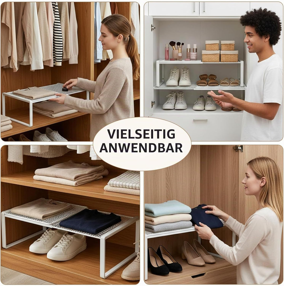 Erweiterbares Schrankregal Weiss, Stapelbares Organizer Regal mit Metalltrennwänden und Ausziehböden