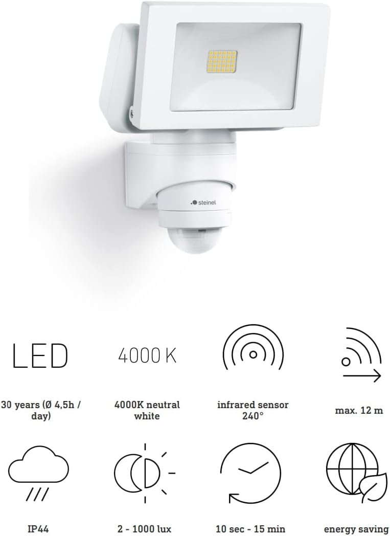 Steinel LED Aussenstrahler LS 150 S weiss, 240° Bewegungsmelder, max. 12 m Reichweite, 14,7 W, Schwe
