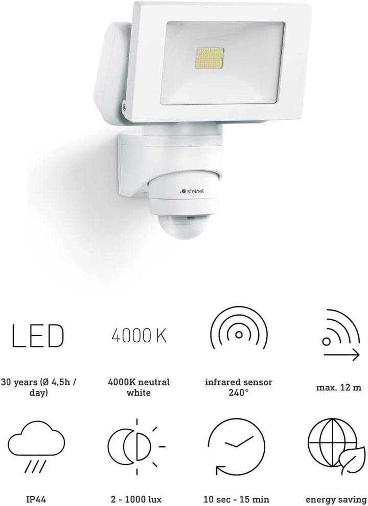 Steinel LED Aussenstrahler LS 150 S weiss, 240° Bewegungsmelder, max. 12 m Reichweite, 14,7 W, Schwe