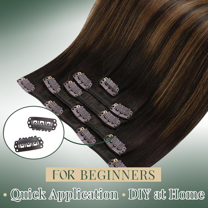 Ugeat Extensions Haare Echthaar Clips 30cm Clip in Extensions Echthaar Balayage Dunkelstes Braun mit