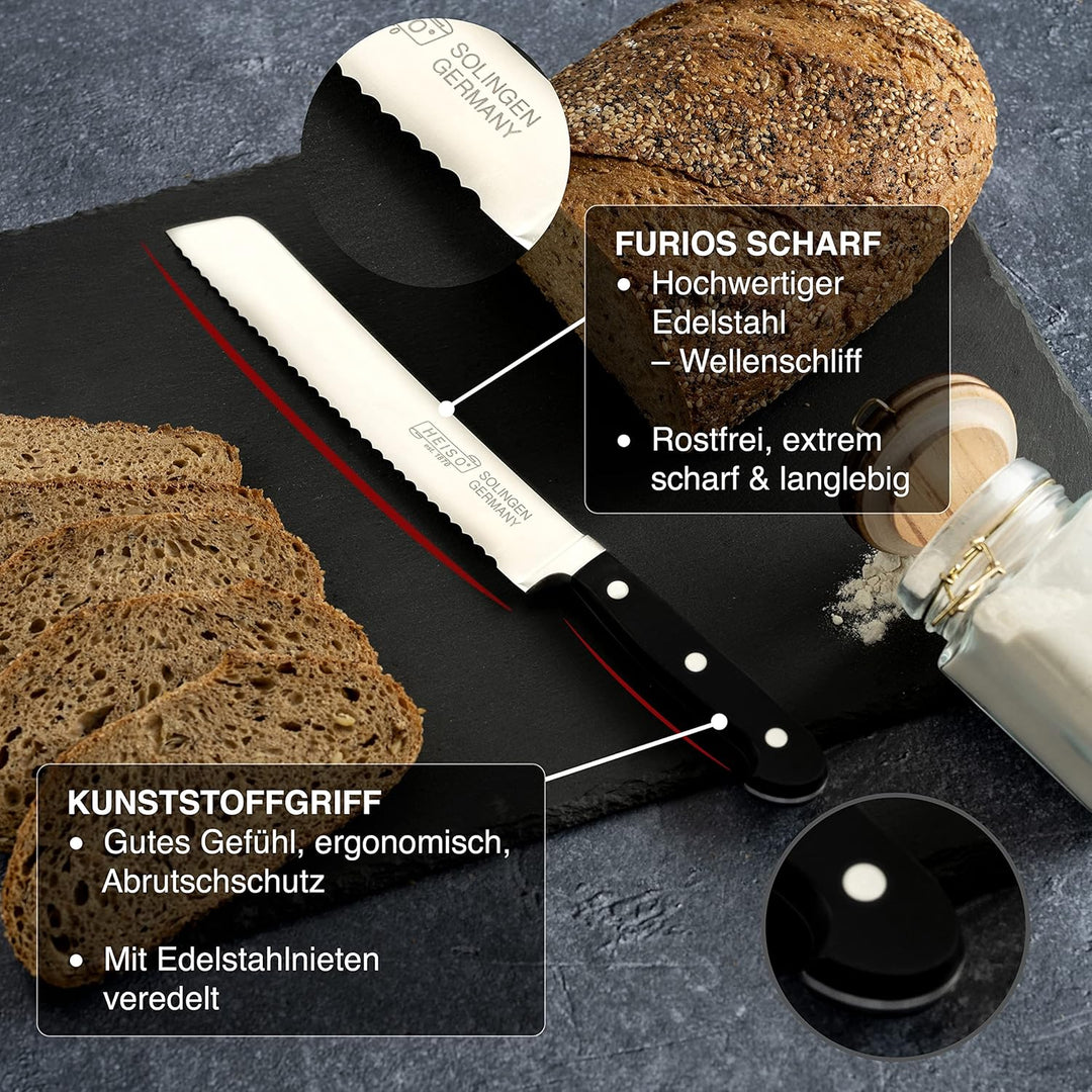 HEISO - Brotmesser - PREMIUM SERIE - rostfreie 21cm Klinge - Brot Messer "Made in Solingen" - Brotme