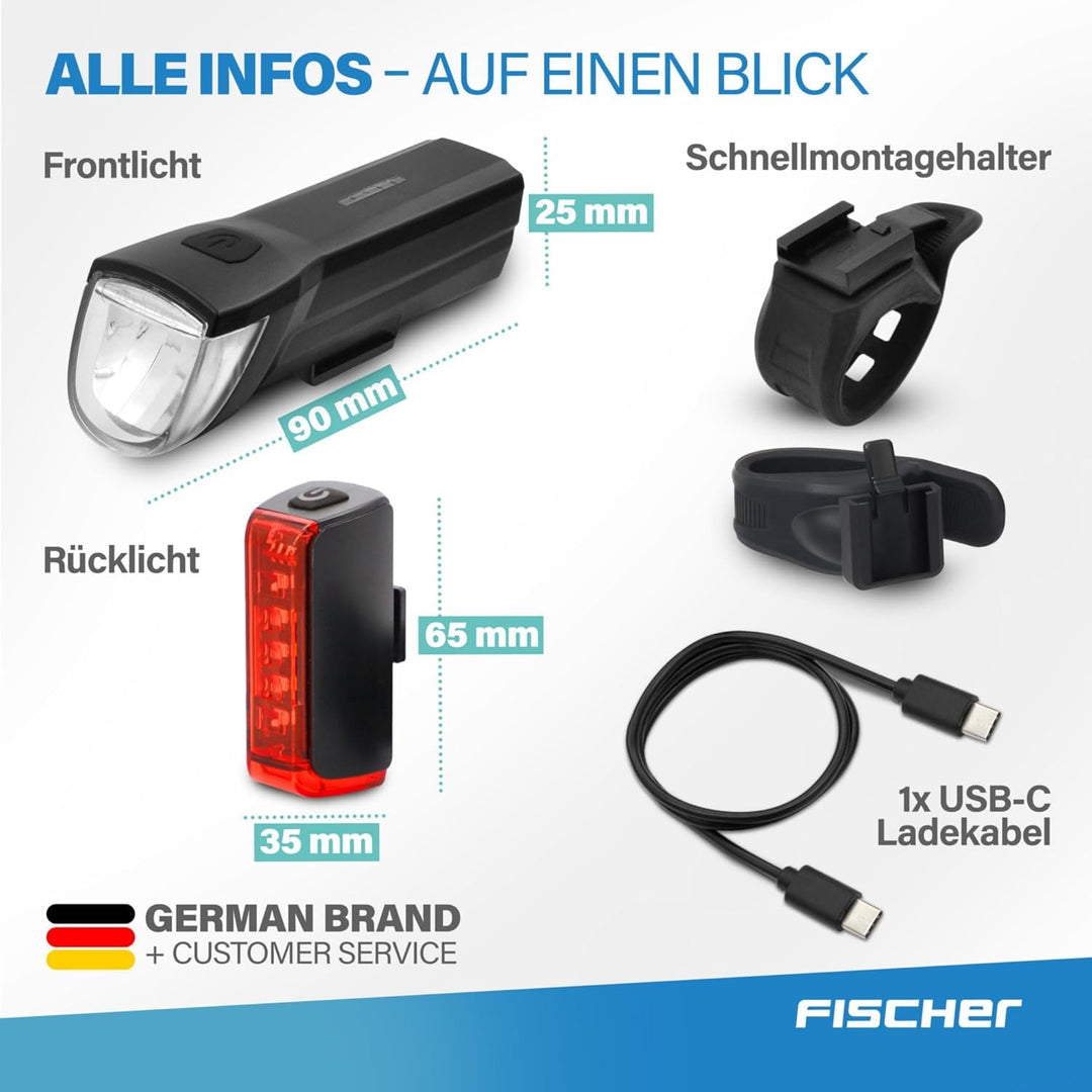 Fischer Twin Fahrradlicht Set, 360° Bodenbeleuchtung, LED Fahrradlampe 30 Lux, Akku aufladbar mit US