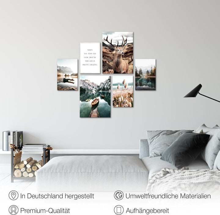 Novart Bilder Set - AUFHÄNGFERTIG - KEIN EXTRA RAHMEN BENÖTIGT - Wald Hirsch Modern Natur Berge - Wo