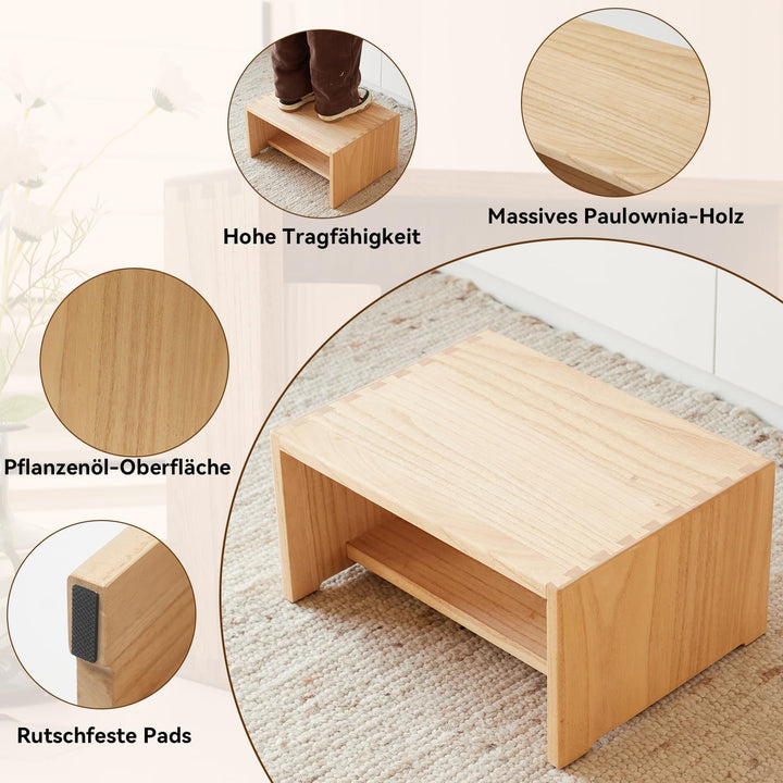 KIRIGEN Tritthocker Holz, Holzhocker, Holzschemel aus Massivholz | 2 Stufen · Stauraum · Handarbeit