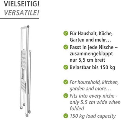 WENKO Leichte Aluminium Trittleiter mit 2 Stufen für 50 cm höheren Stand, rutschsichere XXL-Stufen,