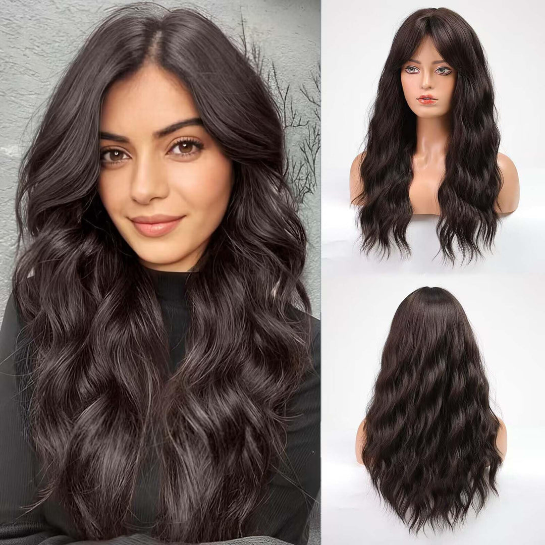 HAIRCUBE Dunkelbraune Perücke mit Pony, lockige Perücke mit Pony für Frauen, Kunsthaar, natürlicher