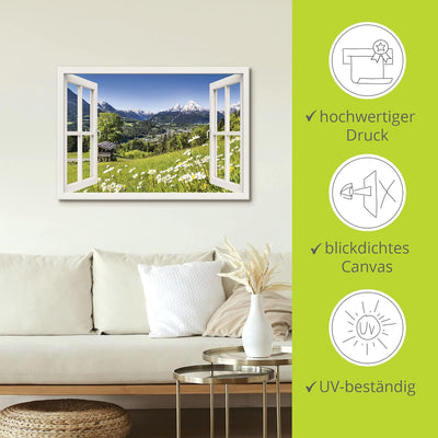 Artland Leinwandbild Wandbild Bild auf Leinwand 70x50 cm Wanddeko Fensterblick Fenster Alpen Landsch