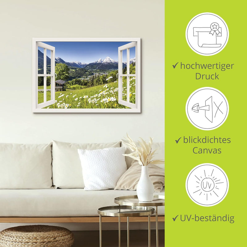 Artland Leinwandbild Wandbild Bild auf Leinwand 70x50 cm Wanddeko Fensterblick Fenster Alpen Landsch