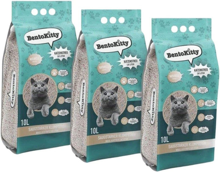 BentoKitty Katzenstreu (30L, 3er Pack) Naturell, Klumpend, weiss, feinkörnig, Klumpstreu aus Bentoni