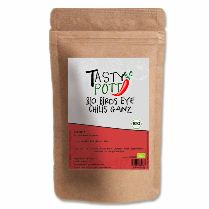 Tasty Pott Bio Birds Eye Chilis ganz und getrocknet 150 Gramm | Chilischoten | Grillen & Kochen | Wü