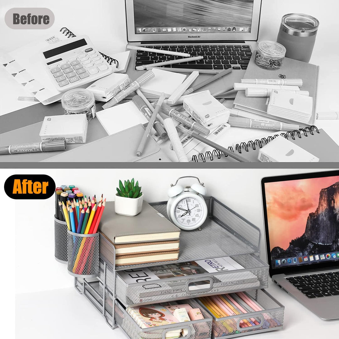 3-Trays Desktop Organizer mit Schublade, Mesh Büro Schreibtisch liefert Organizer Dokumenten Buchsta