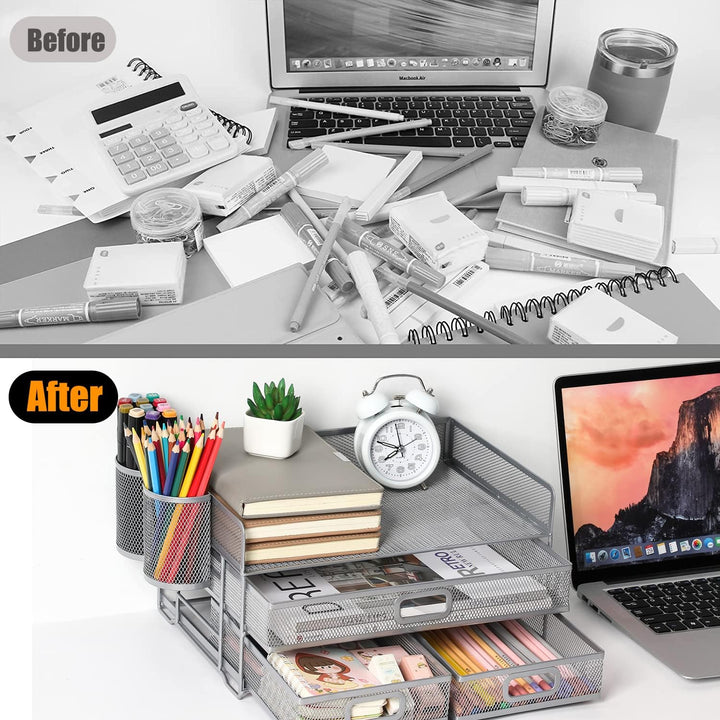 3-Trays Desktop Organizer mit Schublade, Mesh Büro Schreibtisch liefert Organizer Dokumenten Buchsta
