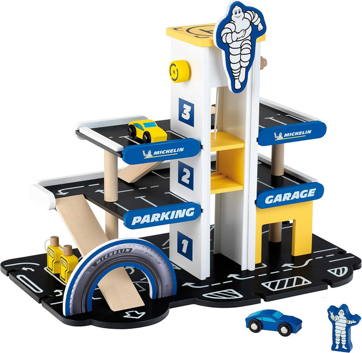 Klein Theo 3404 Michelin Parkhaus mit 3 Ebenen, Holz | Parkgarage inkl. 2 Autos u.v.m. | Kompatibel