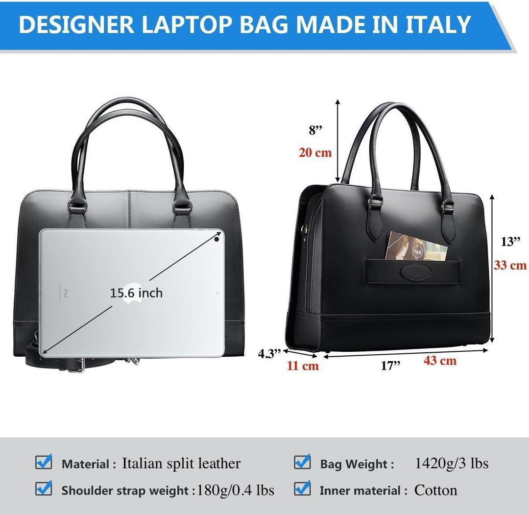 Su.B Laptoptasche 15,6 Zoll für Damen, Umhängetasche aus SpaltLeder mit Schulterriemen und Kofferban