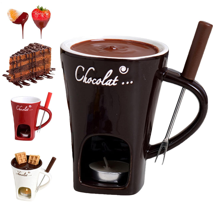 Schokoladen-Fonduetasse mit Gabeln, 130 ml, Schokoladenschmelzbecher, Keramik-Butterwärmer, Set, per