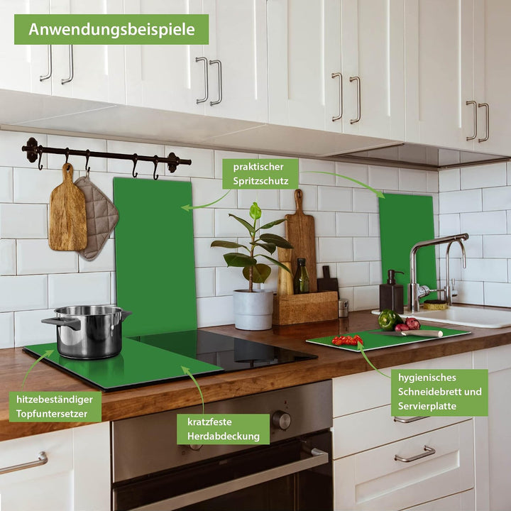 banjado® Herdabdeckplatte Glas 2-teilig je 30x52 cm/Schneidebrett Herdabdeckung mit Motiv Grün/Herda
