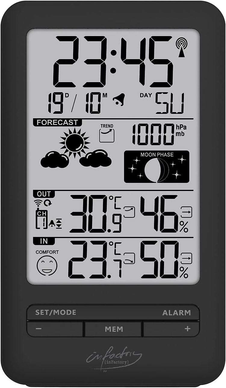 infactory Digitale Wetterstation: Funk-Wetterstation mit Aussensensor, Prognose, Luftdruck und Mondp