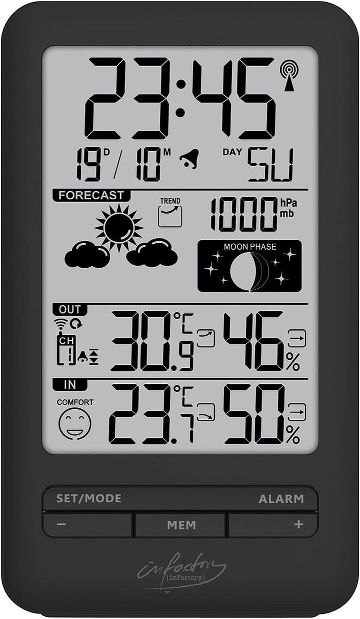 infactory Digitale Wetterstation: Funk-Wetterstation mit Aussensensor, Prognose, Luftdruck und Mondp