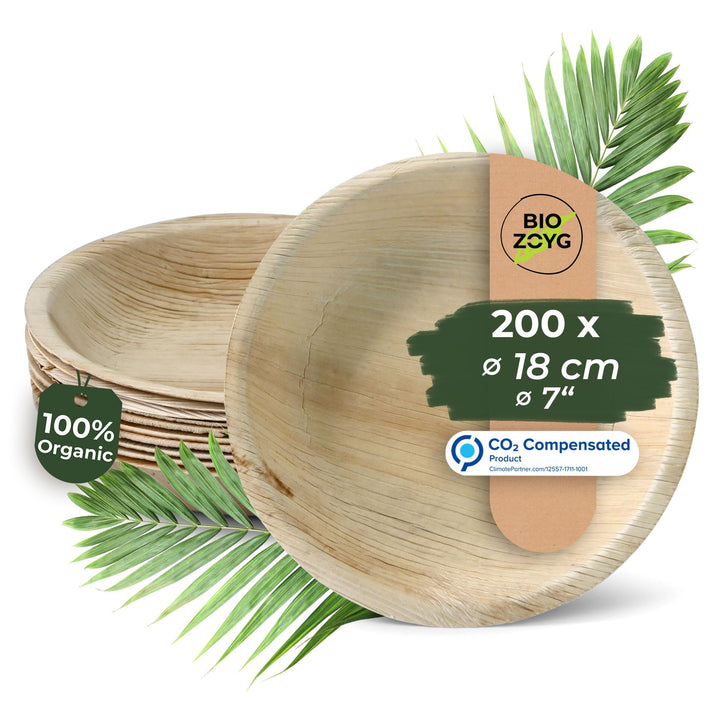 BIOZOYG Palmware Hochwertiges Palmblattgeschirr I 200 Stück Palmblatt Teller rund Ø 23 cm I Bio Einw