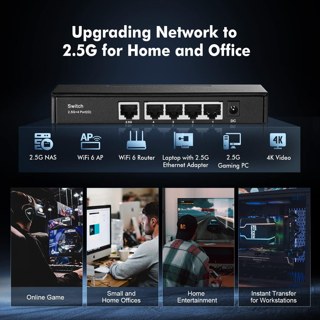 Binardat 5 Port Multi Gigabit Switch, 1 x 2.5 Gigabit and 4 x 1 Gigabit Ethernet RJ-45 Ports, Metal