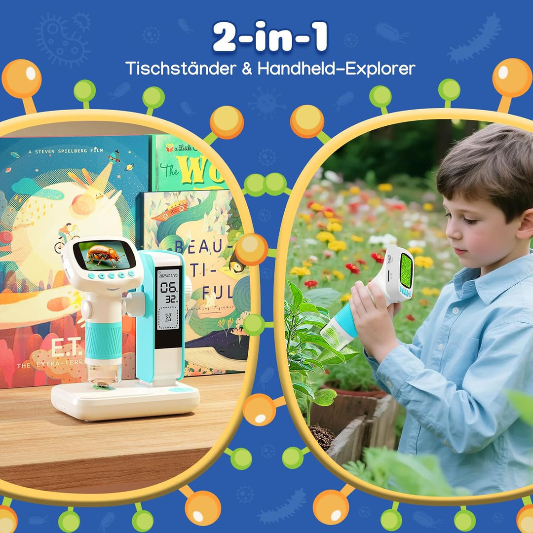 Digitales Mikroskop für Kinder mit Wecker, Tragbares Kinder Mikroskop mit 1000x Vergrösserung, 2 Zol