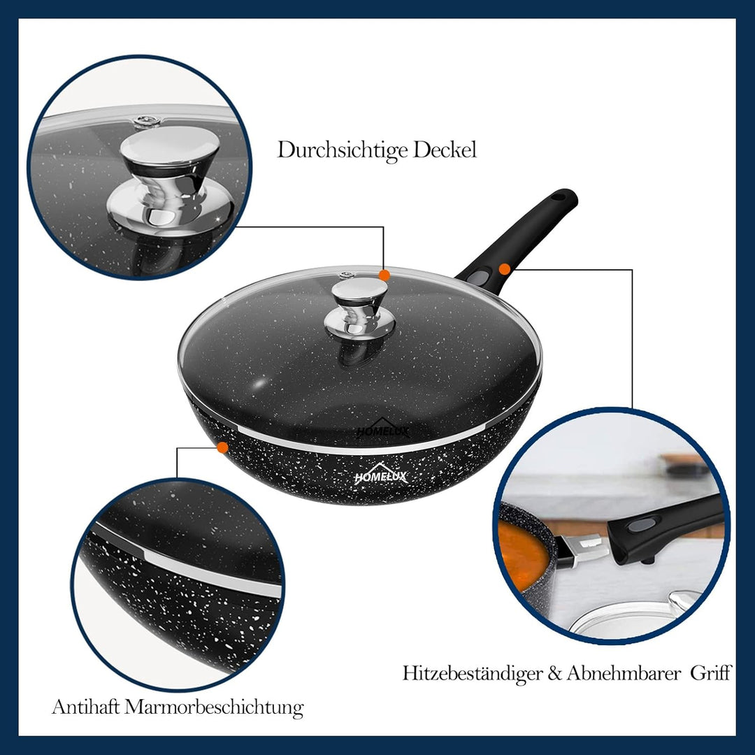 HOMELUX Wok Pfanne 28 cm, Wokpfannen Bratpfanne, Wokpfanne Induktion mit Glasdeckel und Abnehmbarem