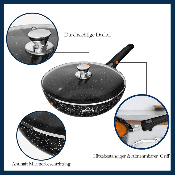 HOMELUX Wok Pfanne 28 cm, Wokpfannen Bratpfanne, Wokpfanne Induktion mit Glasdeckel und Abnehmbarem