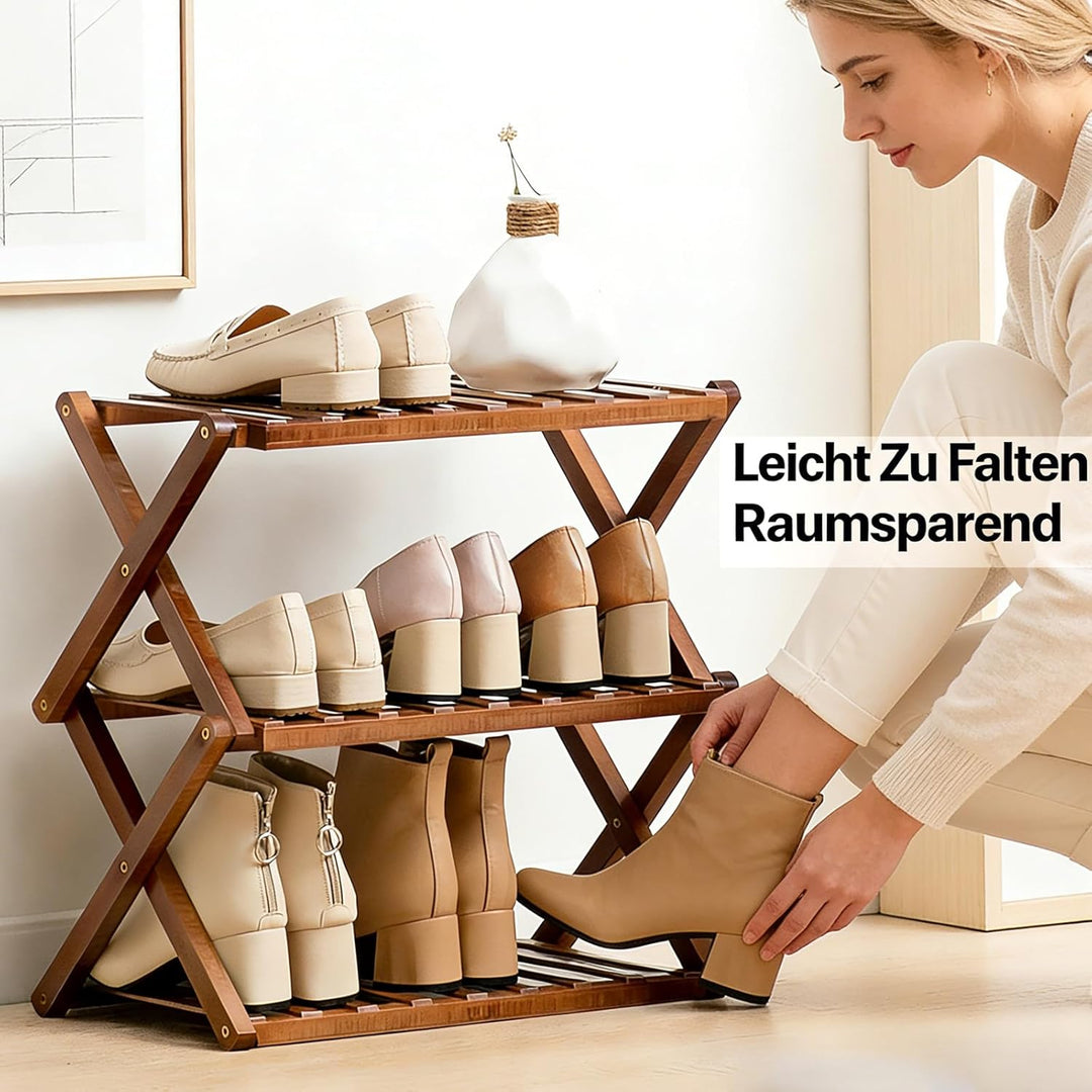 3 Ebenen Faltbares Schuhregal, Schuhregal Platzsparend Holz, Freistehendes Schuhregal für Eingangsbe