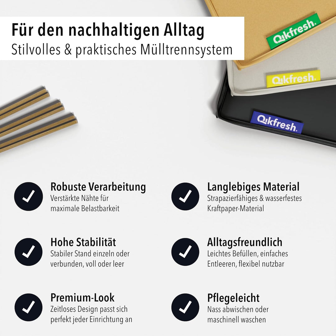 qikfresh - Mülltrennsystem 3er Set | Abfalltrennsystem mit 3 Fächer zum Recycling von Altglas, Altpa