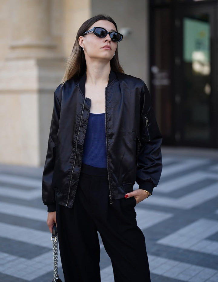 Zeagoo Bomberjacke Damen Kurze Blouson Jacke Casual Pilotenjacke Langarm Outwear Zip Up Solid Leicht