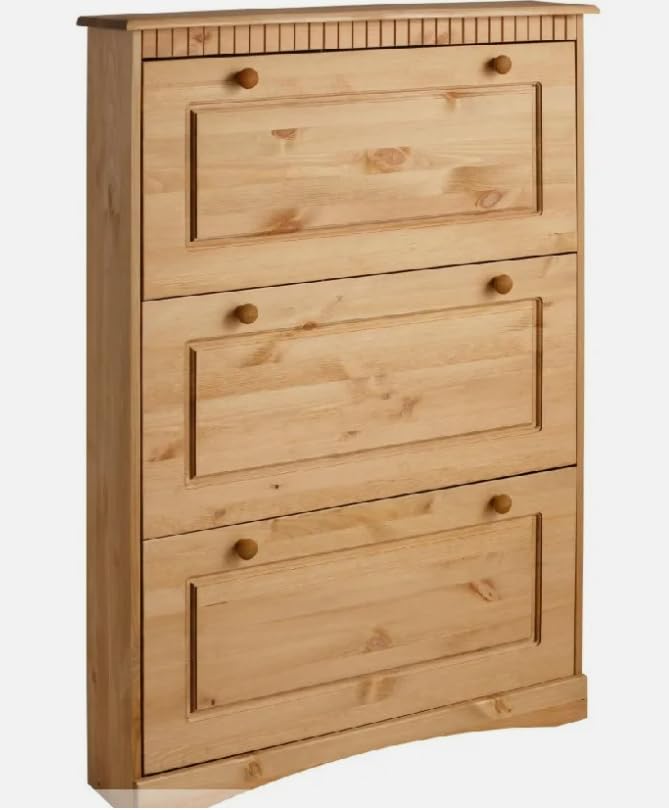 clever-moebel Schuhschrank aus Kiefernholz im Landhausstil Schrank Kommode (gelaugt, 3 Klappen) 18T