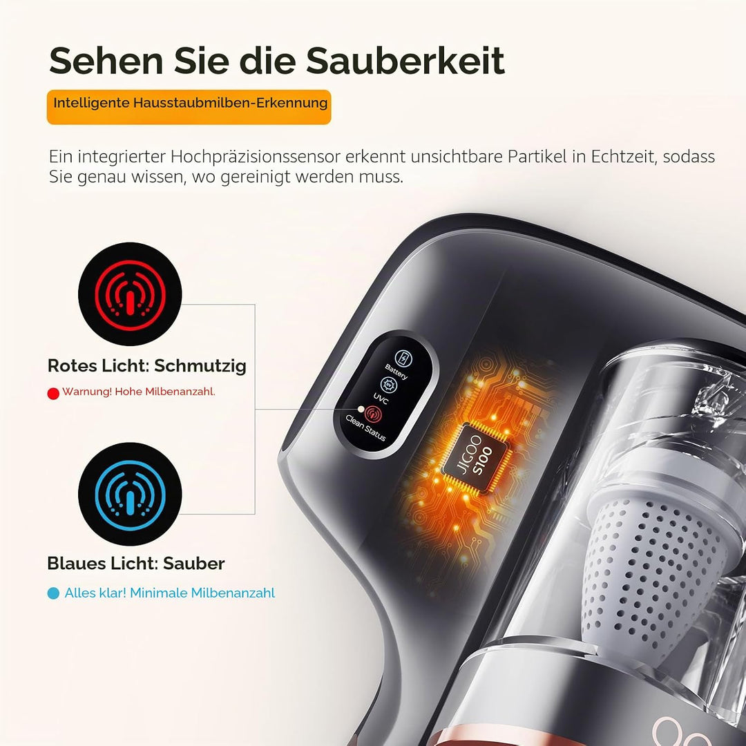 JIGOO S100 Kabelloser Matratzenstaubsauger: Tiefenreinigender Milbenstaubsauger mit UV-Licht gegen A