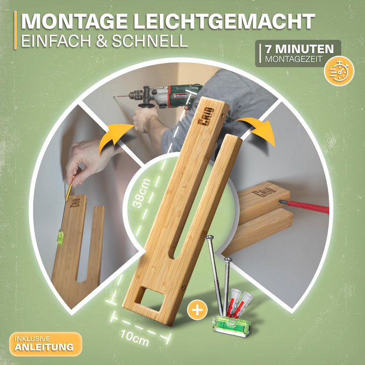 CRID Skateboard Wandhalterung aus Bambus - Universal Halterung für Skateboard, Longboard, Snowboard,