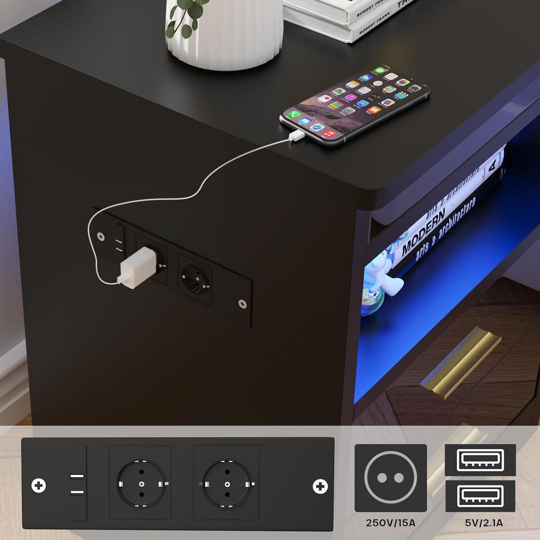 PIPIPOXER 2er Set Nachttisch mit Steckdose & USB & abschliessbar, Nachttisch mit LED Nachtkommode mi