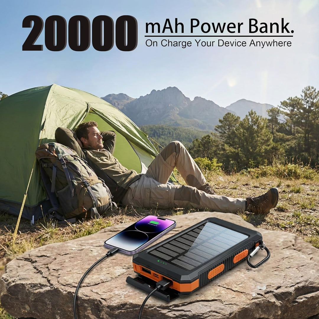 Solar Powerbank 20000mAh, Wasserdichtes USB C Externer Akku mit 2 Outputs, 2 USB-Anschlüssen, LED-Ta