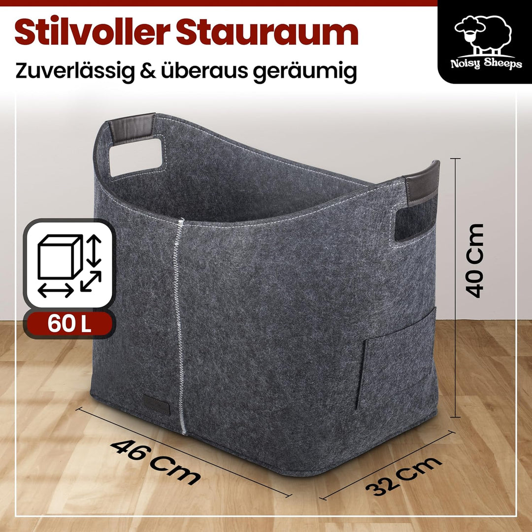 Noisy Sheeps® Holzkorb für Kaminholz gross XXL 60L | Extra starker 6mm Filz | inkl. Anzündwolle für