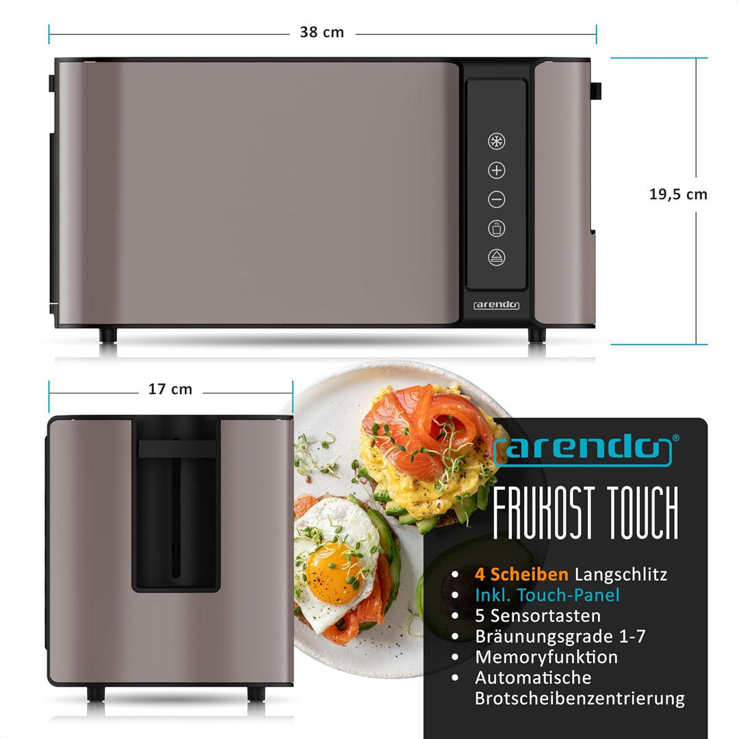 Arendo - Edelstahl Toaster Langschlitz 4 Scheiben- Touchscreen – Doppelwandgehäuse – 1500 W – Integr