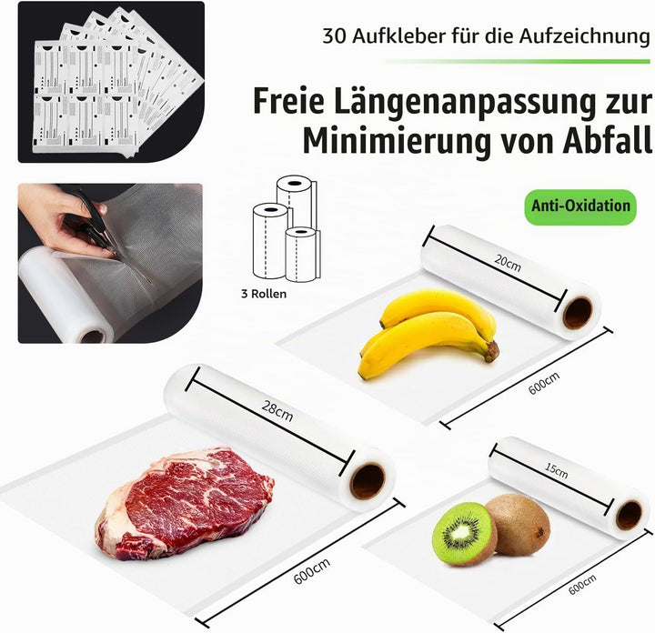 Vakuumierbeutel 170µm 15/20/28x600 cm 3 Rollen für alle Vakuumiergeräte Vakuumrollen für Lebensmitte